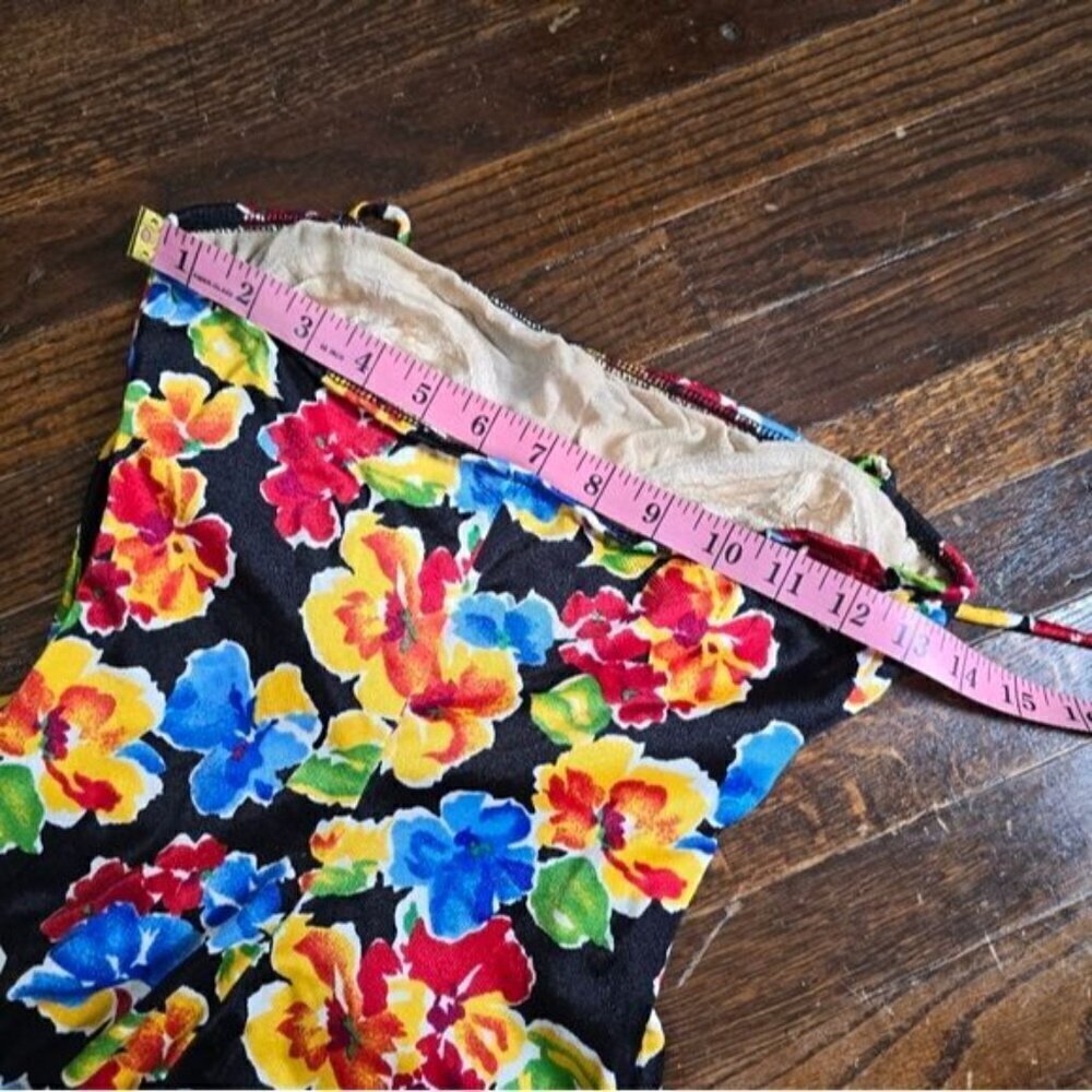 Vintage 70s ILGWU Black Tropical Floral One Piece Skirt Swimsuit - Picture 2 of 11